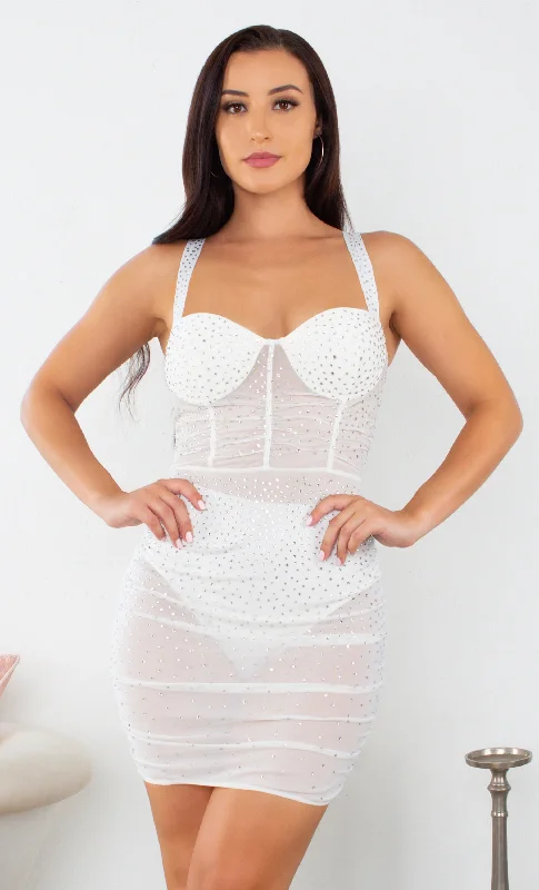 Glimmering Nights White Rhinestone Crystal Sheer Mesh Sleeveless Spaghetti Strap Bustier Bodycon Ruched Mini Dress Fashionable A-Line Mini Dress Glimmering Nights White Rhinestone Crystal Sheer Mesh Sleeveless Spaghetti Strap Bustier Bodycon Ruched Mini Dress Fashionable A-Line Mini Dress