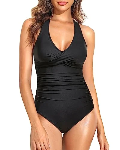 Halter V Neck One Piece Swimsuits Ruched Swimwear Set