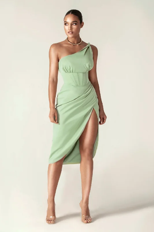 Harper Corset Satin Midi Dress (Sage Green) Fashionable Pleated Midi Dress