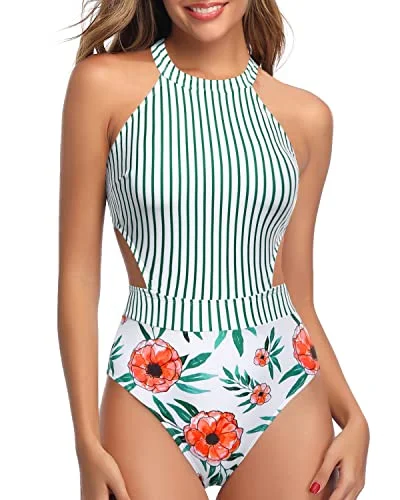 High Neck One Piece Swimsuit Cut Out Swimming Suit Women-White Floral Sexy Cutout Swimsuit