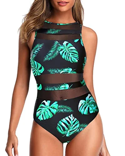 High Neck One Piece Swimsuits Mesh Open Back Swimwear for Women Tie-Back Swimwear