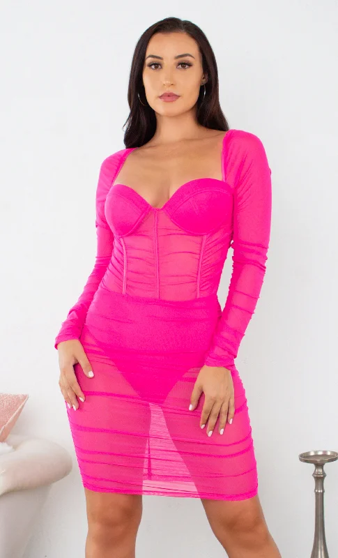 I Told You So Fuchsia Pink Sheer Mesh Ruched Long Sleeve Puff Shoulder Sweetheart Neck Bustier Bodycon Mini Dress - 2 Colors Available Trendy Floral Mini Dress I Told You So Fuchsia Pink Sheer Mesh Ruched Long Sleeve Puff Shoulder Sweetheart Neck Bustier Bodycon Mini Dress - 2 Colors Available Trendy Floral Mini Dress