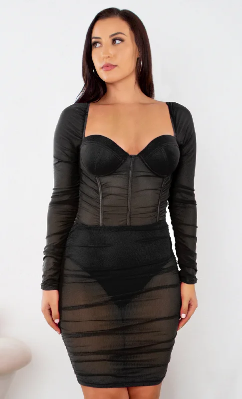 I Told You So Black Sheer Mesh Ruched Long Sleeve Sweetheart Neck Bustier Bodycon Mini Dress - 2 Colors Available Classic Shift Mini Dress I Told You So Black Sheer Mesh Ruched Long Sleeve Sweetheart Neck Bustier Bodycon Mini Dress - 2 Colors Available Classic Shift Mini Dress