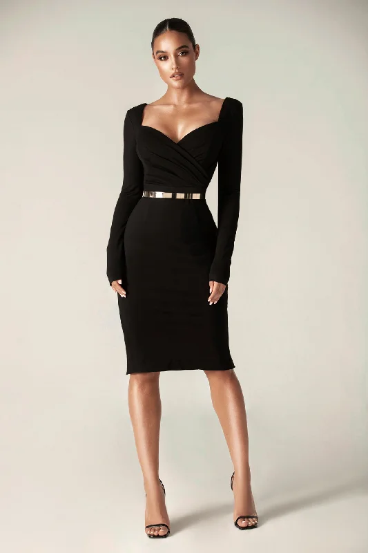 Khai Sweetheart Neckline Midi Dress (Black) Stylish Cold Shoulder Midi Dress