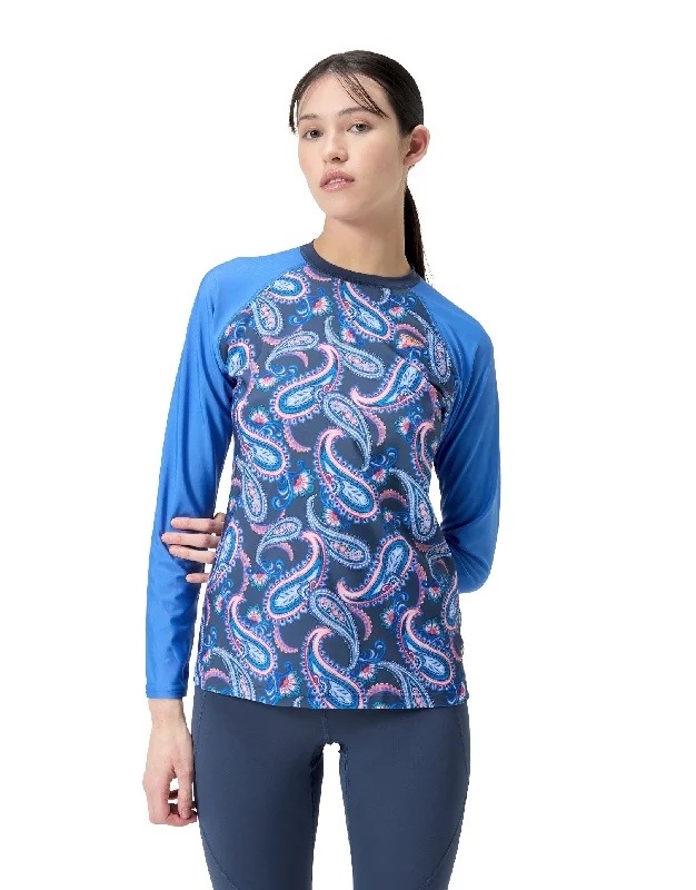 Long Sleeve Panel Printed Swim Tee - Blue/Pink Swimsuit with Skirt