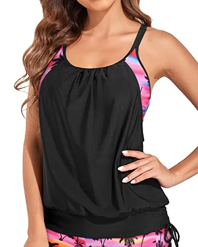 Loose & Long Blouson Tankini Swim Top Women-Black Conut Tree Bold High-Cut Bikini