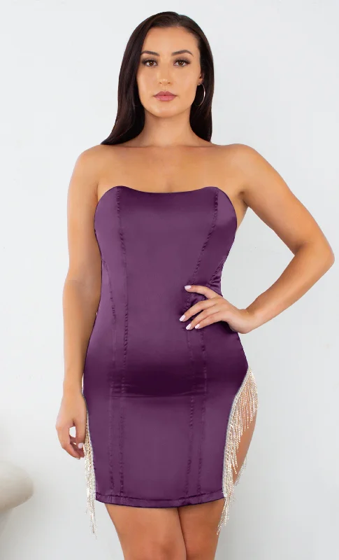 Love Me Better Purple Satin Bustier Strapless Rhinestone Cut Out Sides Fringe Bodycon Mini Dress - 2 Colors Available Elegant Vintage Mini Dress Love Me Better Purple Satin Bustier Strapless Rhinestone Cut Out Sides Fringe Bodycon Mini Dress - 2 Colors Available Elegant Vintage Mini Dress