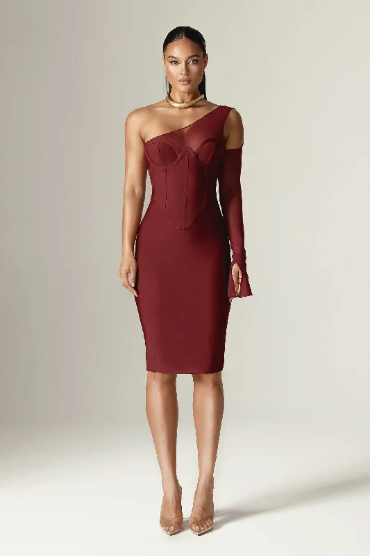Naomi Mesh Bandage Midi Dress (Burgundy) Classic Black Midi Dress