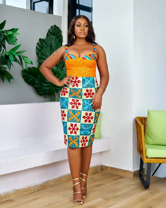 New in African Print Kente Corset Midi Dress - Afuada Elegant Floral Midi Dress