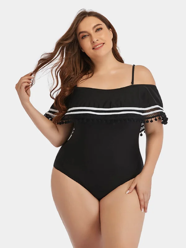 Plus Size Striped Cold-Shoulder One-Piece Swimsuit Mesh Detail Bikini