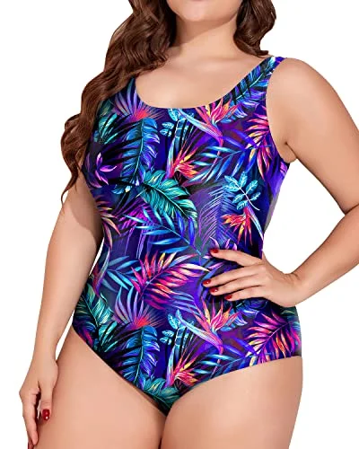 Slimming Plus Size Padded Push Up Bra One Piece Swimsuit-Blue Leaves Sleek Mesh Bikini