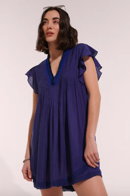 Poupette St Barths Mini Dress Sasha Lace Trimmed |Royal Blue Chic Puff Sleeve Mini Dress Poupette St Barths Mini Dress Sasha Lace Trimmed |Royal Blue Chic Puff Sleeve Mini Dress