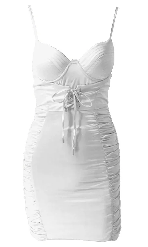 Ready To Rage Sleeveless Spaghetti Strap Bustier Corset Tie Ruched Bodycon Mini Dress Classic White Mini Dress Ready To Rage Sleeveless Spaghetti Strap Bustier Corset Tie Ruched Bodycon Mini Dress Classic White Mini Dress
