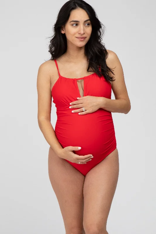 Red Back Tie Cutout One Piece Ruched Maternity Swimsuit Vibrant Bikini Bottoms