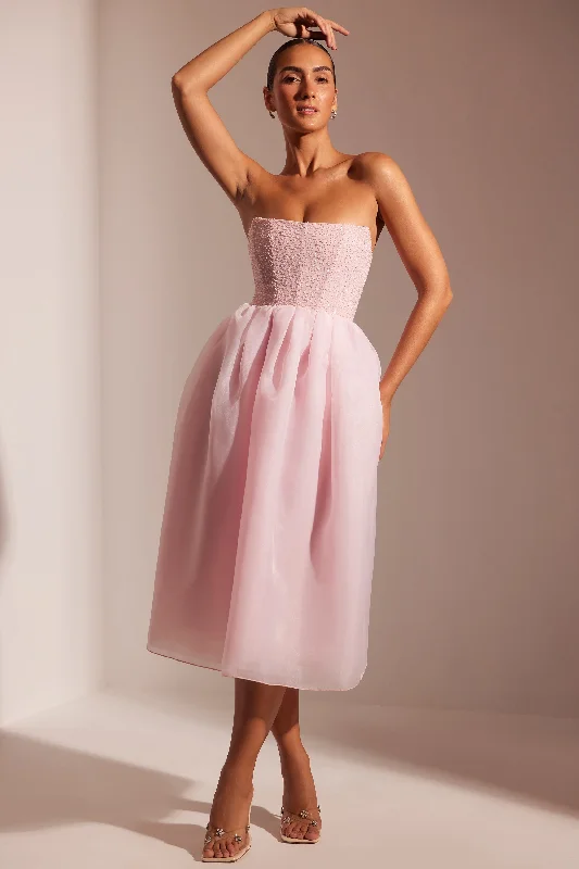 Embellished Corset Tulle Skirt Midi Dress in Blush Trendy Flared Sleeve Midi Dress