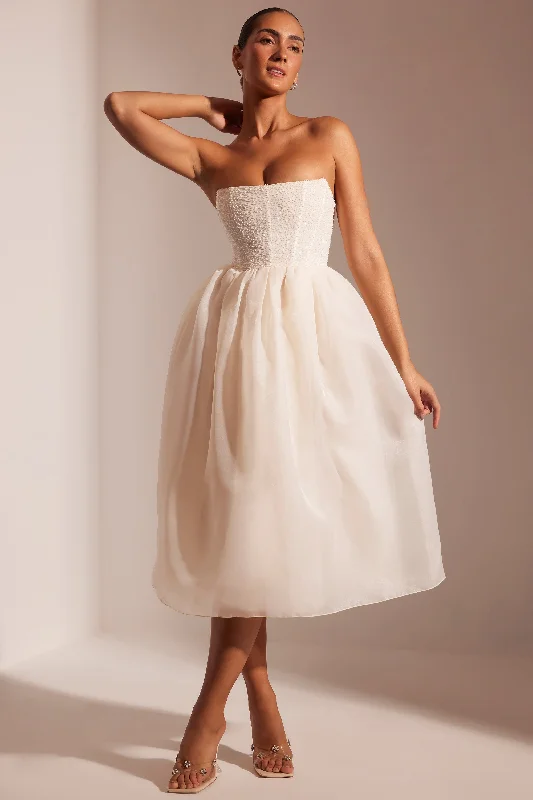 Embellished Corset Tulle Skirt Midi Dress in Ivory Elegant V-Neck Midi Dress