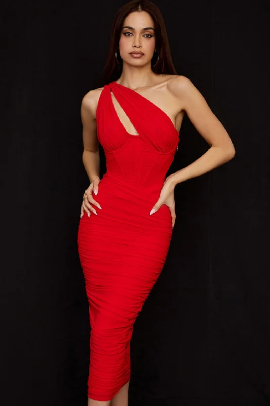 Sexy Cutout One Shoulder Ruched Bodycon Mesh Corset Midi Dress - Red Chic Off-Shoulder Midi Dress