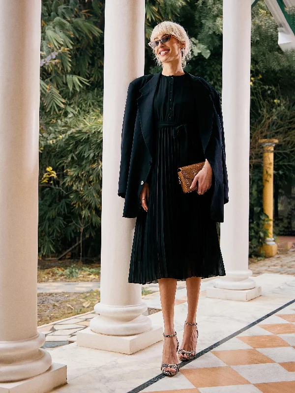 Women Black Accordion Pleated Belted Midi Dress Trendy Tiered Hem Midi Dress
