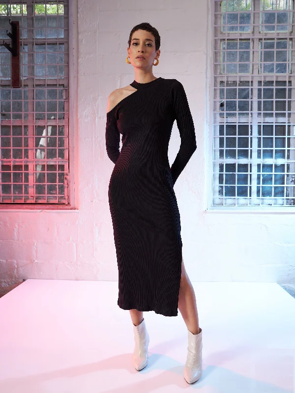 Women Black Rib High Neck Shoulder Cut Out Midi Dress Cozy Spaghetti Strap Midi Dress Women Black Rib High Neck Shoulder Cut Out Midi Dress Cozy Spaghetti Strap Midi Dress