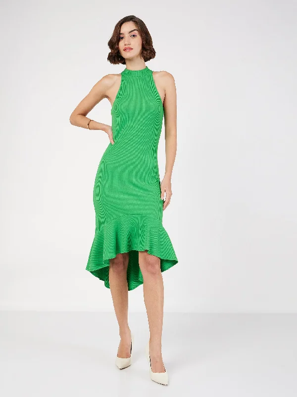 Women Green Rib Fish Frill Bodycon Midi Dress Trendy Fit-and-Flare Midi Dress