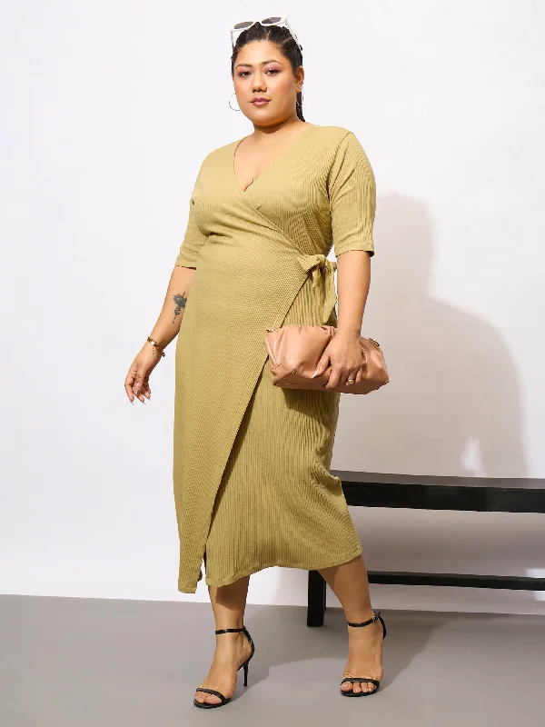 Women Khaki Rib Wrap Bodycon Midi Dress Comfortable Sleeveless Midi Dress