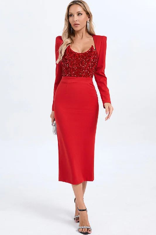 Sparkly Sequin Padded Long Sleeve Bodycon Croset Cocktail Party Midi Dress Fashionable A-Line Midi Dress Sparkly Sequin Padded Long Sleeve Bodycon Croset Cocktail Party Midi Dress Fashionable A-Line Midi Dress