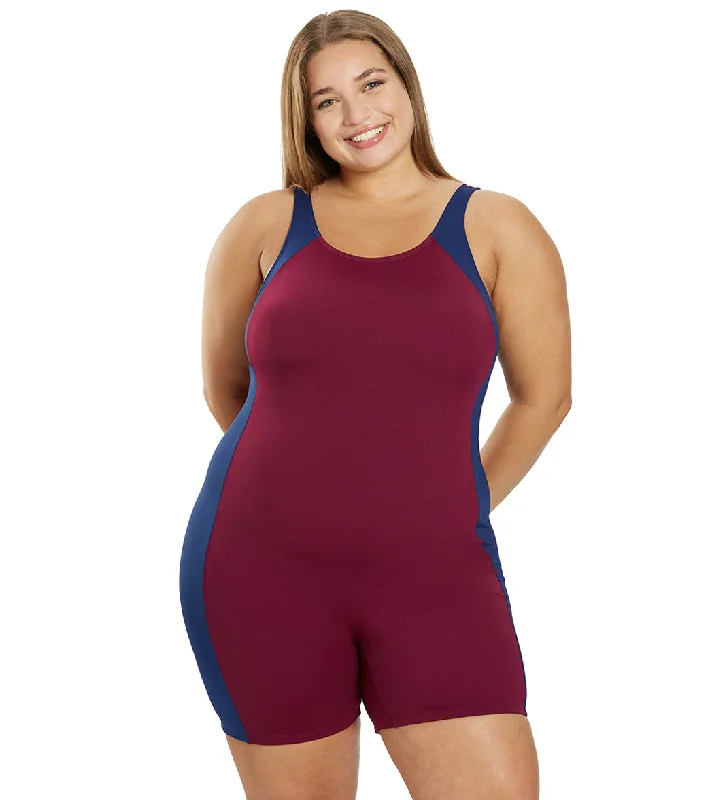 Sporti Plus Size HydroLast Chlorine Resistant Splice Scoop Back Unitard One Piece Swimsuit Cabernet/Navy Plunge Neckline Swimsuit