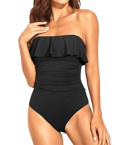 Strapless One Piece Swimsuits for Women Tummy Control Bandeau Bathing Suits Ruffle Slimming Swimwear Beachy Ruffle Bikini