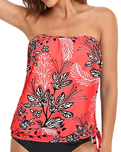 Strapless Tankini Tops For Women Swimwear Top Only-Red Floral Comfortable Swim Dress