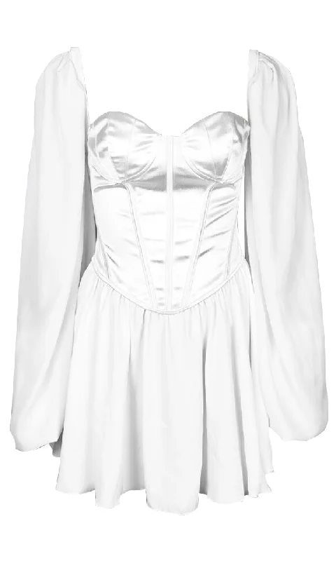 Taking Care White Chiffon Long Bubble Sleeve Sweetheart Neck Bustier Flare A Line Mini Dress Fashionable Off-Shoulder Mini Dress Taking Care White Chiffon Long Bubble Sleeve Sweetheart Neck Bustier Flare A Line Mini Dress Fashionable Off-Shoulder Mini Dress