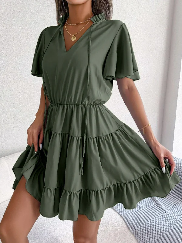 Tie Neck Tiered Flutter Sleeve Mini Dress Comfortable Shift Mini Dress
