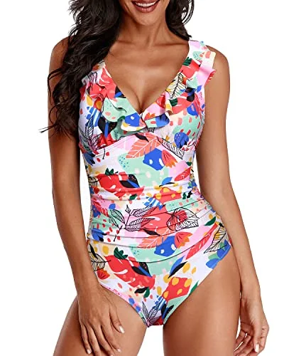 Women One Piece Swimsuits Tummy Control Ruffle V Neck Swimwear-Colorful Leaves Full Coverage Swimsuit