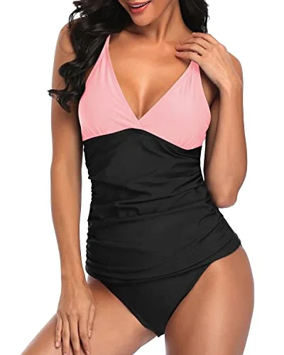 Deep V Neck Tankini Top With Swim Bottom Bathing Suits For Women-Pink And Black Lace Back Bikini