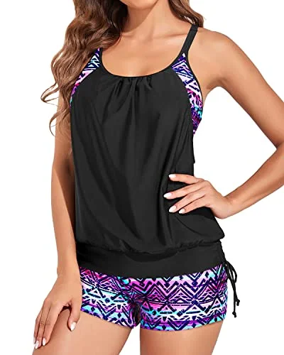 Unique Blouson Tankini Top With Tummy Control For Women-Black And Tribal Purple Ruched Swimwear Set