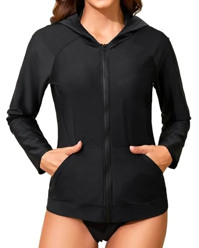 Two Piece Womens Long Sleeve Hooded Rash Guard Zip Up Swimsuit with Pockets UPF 50+ Swim Shirt with Bikini Bottom Deep-V Swimsuit Design