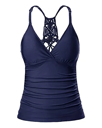 V Neck Swimsuit Tops for Women Tummy Control Tankini Swimwear Only High-Waisted Swimwear