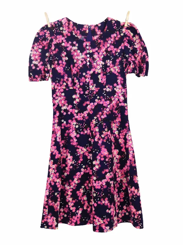 Vintage 60s Mod Prairie Cottagecore Puff Sleeve Fitted A-Line Fit & Flare Mini Dress with Mini Button Details | Size Extra Small Classic Striped Mini Dress