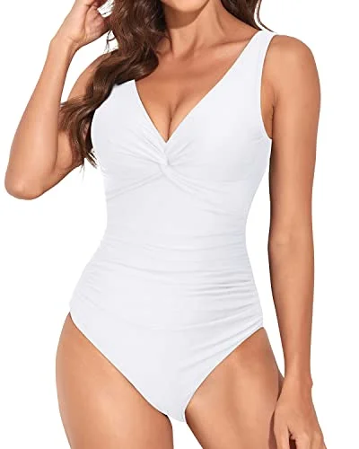 V Neck Twist Front Monokini Vintage Tummy Control Swimsuit-White Sleek Racerback Swimsuit