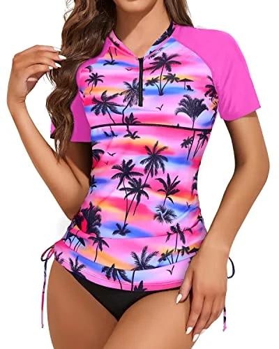 Women's Short Sleeve Swim Shirt And Bottom Rash Guard Set-Pink Palm Comfortable Tankini Set