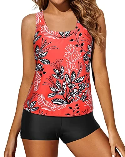 Loose Tankini Top With Tummy Control Boyshorts For Women And Moms-Red Floral Comfortable Tankini Set