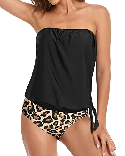 Modest And Sexy Bandeau Tankini Tops For Women Swimwear-Black And Leopard Strap Bikini Set