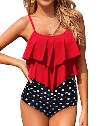 Two Piece Retro High Waisted Bikini Bottom Swimsuits For Women-Red Dot Push-Up Bikini Top