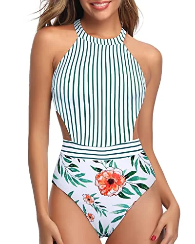 Tummy Control One Piece Cutout Swimsuits For Women-White Floral Mesh Panel Swimwear