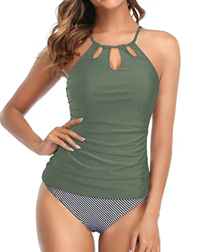 High Neck Tankini Swimsuit For Women Tummy Control Ruched Two Piece-Army Green Ruffled Swimsuit Top