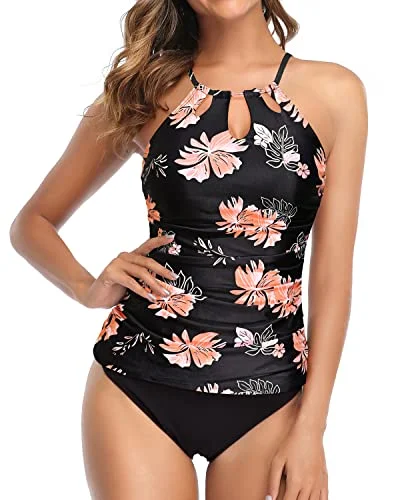 Ruched Push Up Padded Bra Tankini Swimsuit For Women-Black Orange Floral Timeless Black Bikini