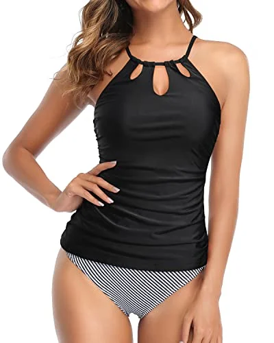 Halter Swim Tankini Top With Bikini Bottom For Women-Black Stripe Classic Swimsuit Design