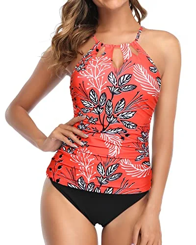 Two Piece High Neck Swim Tankini Top With Bikini Bottom-Red Floral Floral Print Swimsuit