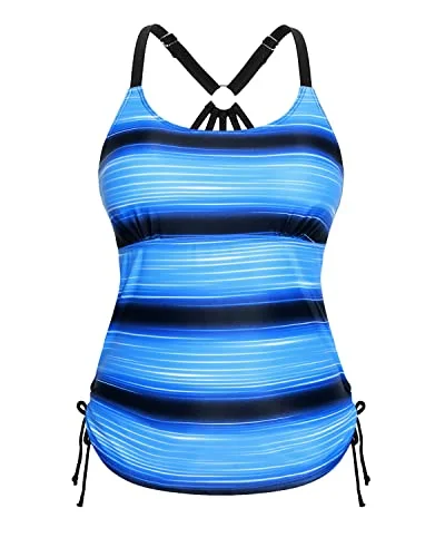 Stylish And Trendy Strappy Racerback Tankini Swim Top Only-Black And Blue Stripes Ruffled Swimsuit Top