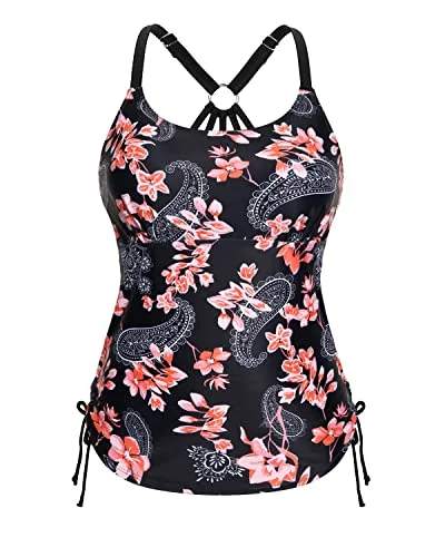 U Neck Tankini Swim Top Only With Removable Padded Bra-Black Pink Flowers Halter Neck Swimsuit