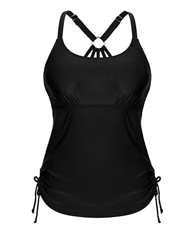 Tie Side Drawstrings Tankini Swim Top Only For Modest Coverage-Black Soft Beachwear Set